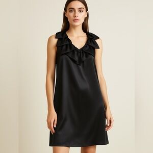 Poleci Black 100% Silk Bow Ruffle Sheath Dress